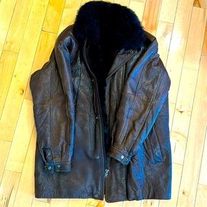 Men's Wm MITCHELL Brown Full Zip Leather Jacket with Opossum fur trim Size M